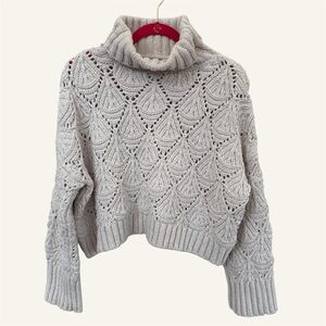 POL Cream Crochet Turtleneck Sweater Sz‎ S Boho Cozy Chunky Knit Fisherman Crop